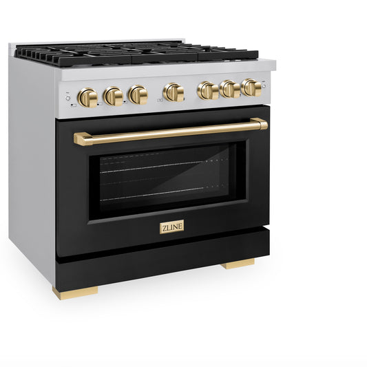 ZLINE Autograph Edition 36 in. Paramount Gas Range 5.2 cu. ft. with Convection Gas Oven, 6 Burners, Stainless Steel with Black Matte Door and Gold Accents (SGRZ-BLM-36-G)