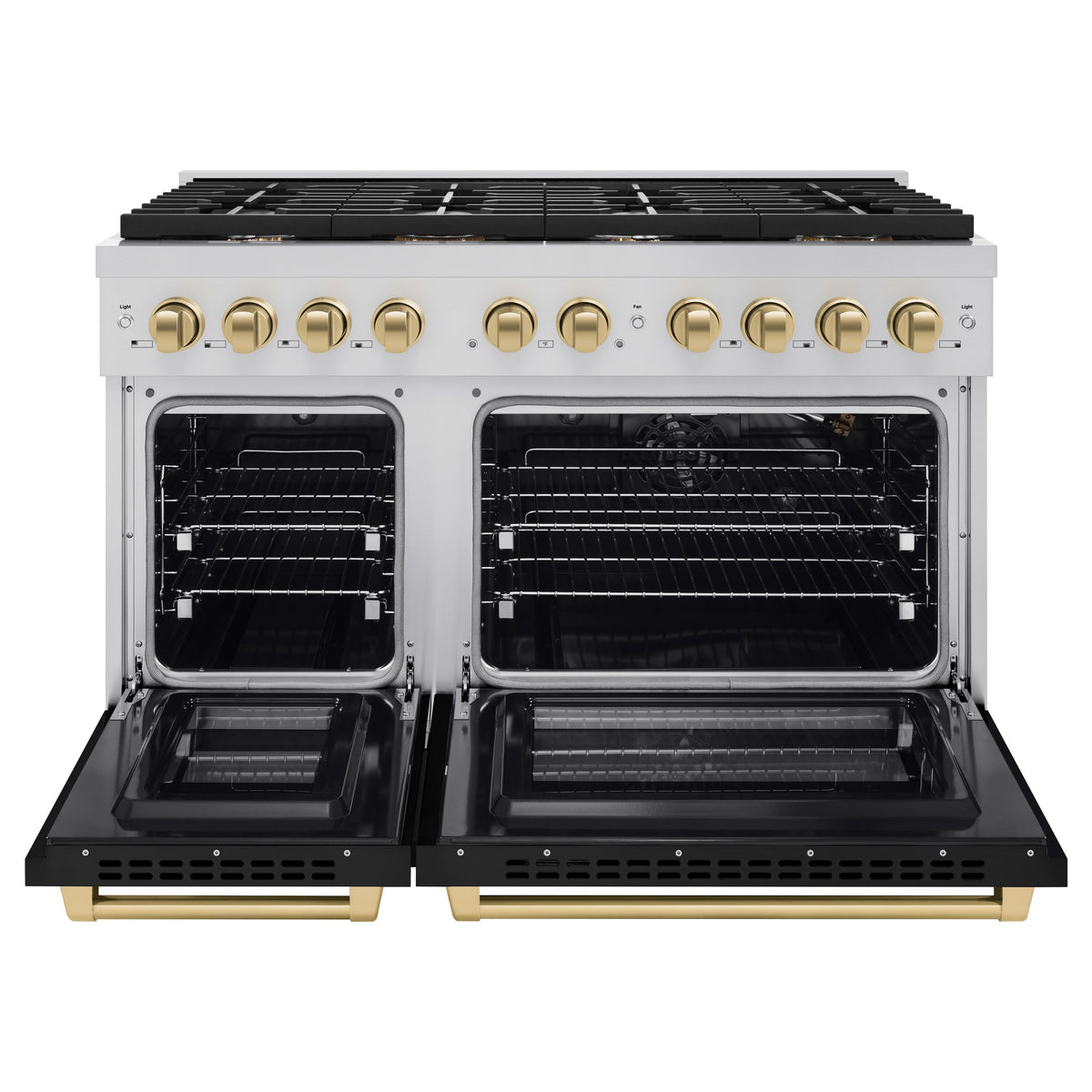 ZLINE Autograph 48 in. 6.7 cu. ft. Paramount Double Oven Gas Range with 8 Burners in Stainless Steel with Black Matte Doors and Champagne Bronze Accents (SGRZ-BLM-48-CB)