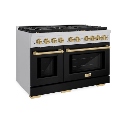 ZLINE Autograph 48 in. 6.7 cu. ft. Paramount Double Oven Gas Range with 8 Burners in Stainless Steel with Black Matte Doors and Champagne Bronze Accents (SGRZ-BLM-48-CB)