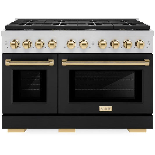 ZLINE Autograph 48 in. 6.7 cu. ft. Paramount Double Oven Gas Range with 8 Burners in Stainless Steel with Black Matte Doors and Polished Gold Accents (SGRZ-BLM-48-G)