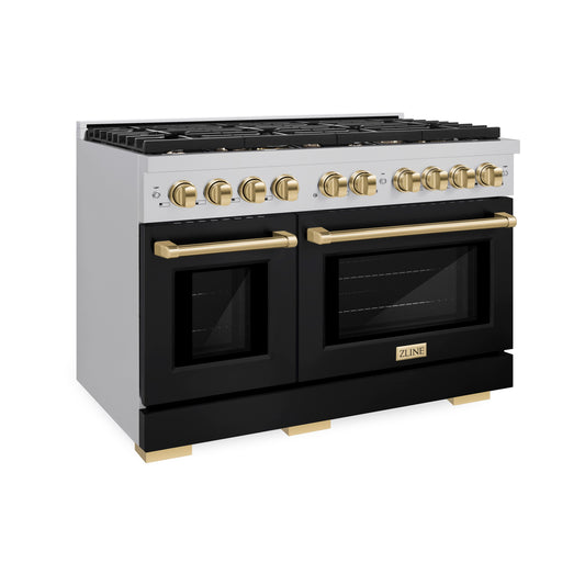 ZLINE Autograph 48 in. 6.7 cu. ft. Paramount Double Oven Gas Range with 8 Burners in Stainless Steel with Black Matte Doors and Polished Gold Accents (SGRZ-BLM-48-G)