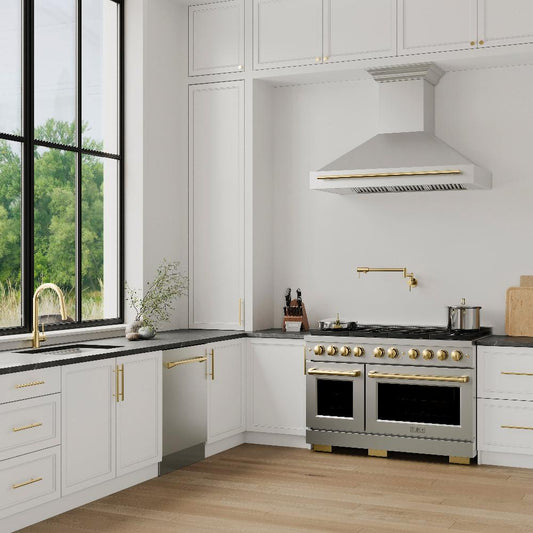ZLINE Autograph Edition 48 in. 6.7 cu. ft. Paramount Double Oven Dual Fuel Range with 8 Burner Gas Cooktop in Stainless Steel with Polished Gold Accents (SDRZ-48-G)