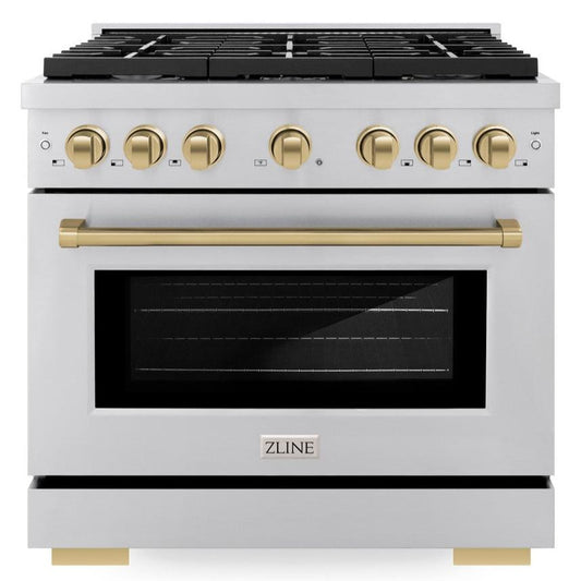 ZLINE Autograph Edition 36 in. 5.2 cu. ft. Paramount Dual Fuel Range with 6-Burner Gas Cooktop and Electric Convection Oven in Stainless Steel with Champagne Bronze Accents (SDRZ-36-CB)