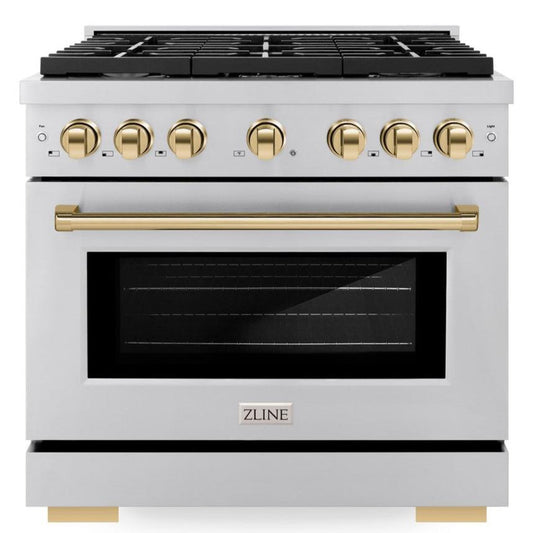 ZLINE Autograph Edition 36 in. Dual Fuel Range with 6 Gas Burners and Electric Convection Oven, 5.2 cu. ft., Stainless Steel with Polished Gold Accents (SDRZ-36-G)