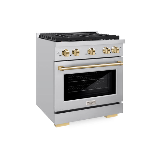 ZLINE Autograph Edition 30 in. 4.2 cu. ft. Paramount Gas Range with 4-Burner Cooktop and Convection Gas Oven in Stainless Steel with Gold Accents (SGRZ-30-G)