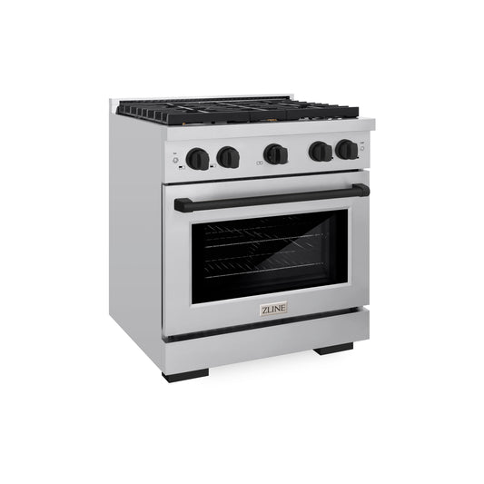 ZLINE Autograph Edition 30 in. 4.2 cu. ft. Paramount Gas Range with 4 Burner Cooktop and Convection Gas Oven in Stainless Steel with Matte Black Accents (SGRZ-30-MB)