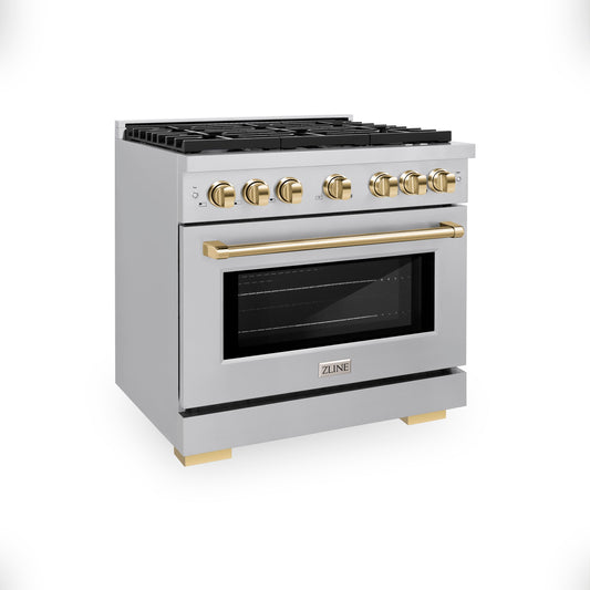 ZLINE Autograph Edition 36 in. 5.2 cu. ft. Paramount Gas Range with Convection Gas Oven, Stainless Steel with Gold Accents (SGRZ-36-G)