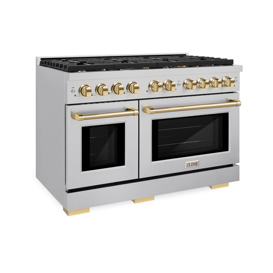 ZLINE Autograph Edition 48 in. 6.7 cu. ft. Paramount Double Oven Gas Range in Stainless Steel with Gold Accents (SGRZ-48-G)