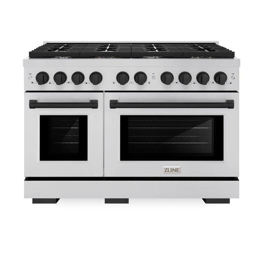 ZLINE Autograph Edition 48 in. 6.7 cu. ft. Paramount Double Oven Gas Range with 8 Burners in Stainless Steel with Matte Black Accents (SGRZ-48-MB)