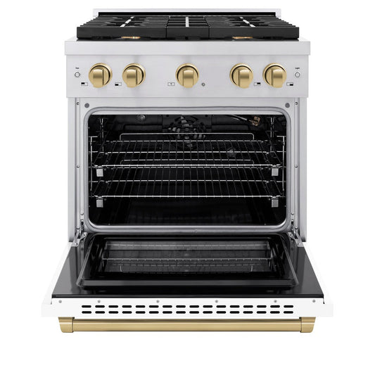 ZLINE Autograph 30 in. Paramount Dual Fuel Range, 4 Burners, 4.2 cu. ft. Electric Convection Oven, White Matte Door with Champagne Bronze Accents, SDRZ-WM-30-CB