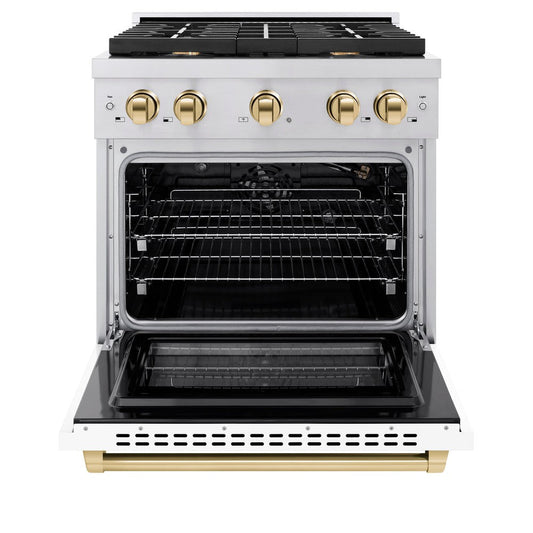 ZLINE Autograph Edition 30 in. Paramount Dual Fuel Range, 4 Burner Gas Cooktop, 4.2 cu. ft. Electric Convection Oven, White Matte Door with Polished Gold Accents (SDRZ-WM-30-G)