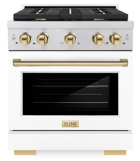 ZLINE Autograph Edition 30 in. Paramount Dual Fuel Range, 4 Burner Gas Cooktop, 4.2 cu. ft. Electric Convection Oven, White Matte Door with Polished Gold Accents (SDRZ-WM-30-G)