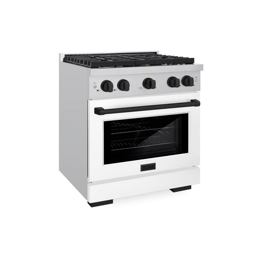 ZLINE Autograph Edition 30 in. Paramount Dual Fuel Range 4.2 cu. ft. with 4 Burner Gas Cooktop, Electric Convection Oven, White Matte Door & Matte Black Accents (SDRZ-WM-30-MB)