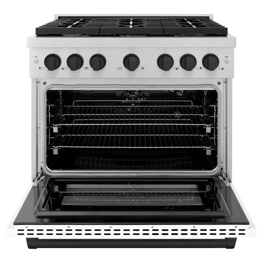 ZLINE Autograph Edition 36 in. 5.2 cu. ft. Paramount Dual Fuel Range with 6 Burner Gas Cooktop, Electric Convection Oven, White Matte Door and Matte Black Accents (SDRZ-WM-36-MB)