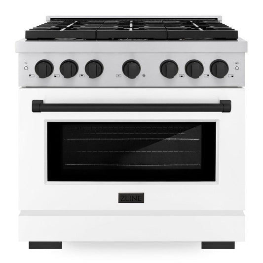 ZLINE Autograph Edition 36 in. 5.2 cu. ft. Paramount Dual Fuel Range with 6 Burner Gas Cooktop, Electric Convection Oven, White Matte Door and Matte Black Accents (SDRZ-WM-36-MB)
