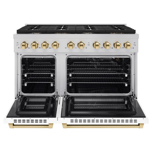 ZLINE Autograph Edition 48 in. Paramount Double Oven Dual Fuel Range with 8 Gas Burners, 6.7 cu. ft., White Matte Doors and Polished Gold Accents (SDRZ-WM-48-G)