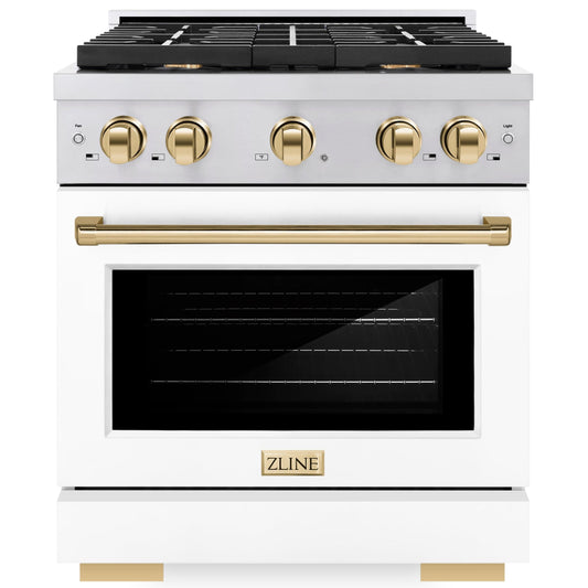 ZLINE Autograph 30 in. 4.2 cu. ft. Paramount Gas Range with Convection Gas Oven, Stainless Steel with White Matte Door and Gold Accents (SGRZ-WM-30-G)
