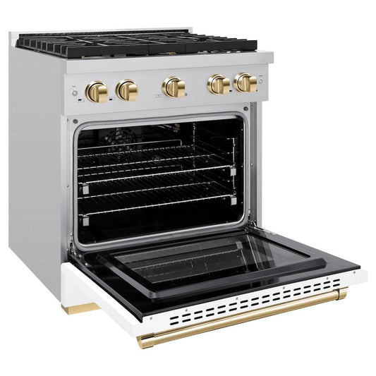 ZLINE Autograph 30 in. 4.2 cu. ft. Paramount Gas Range with 4 Burners and Convection Gas Oven in Stainless Steel with White Matte Door and Champagne Bronze Accents (SGRZ-WM-30-CB)