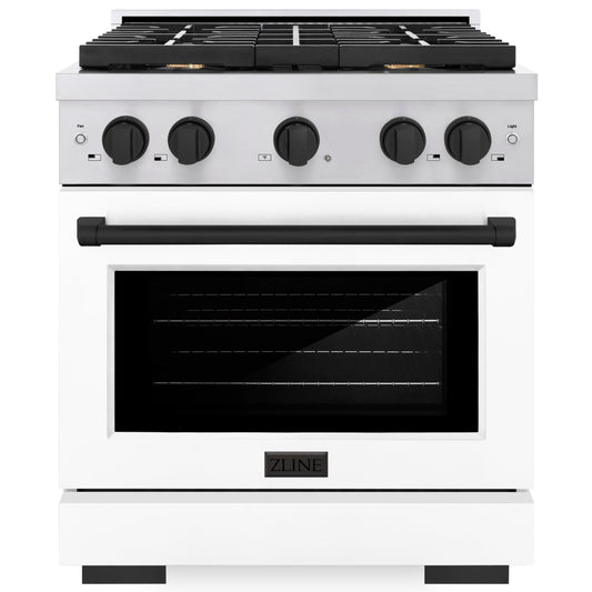 ZLINE Autograph 30 in. 4.2 cu. ft. Paramount Gas Range with Convection Oven, Stainless Steel with White Matte Door and Matte Black Accents (SGRZ-WM-30-MB)