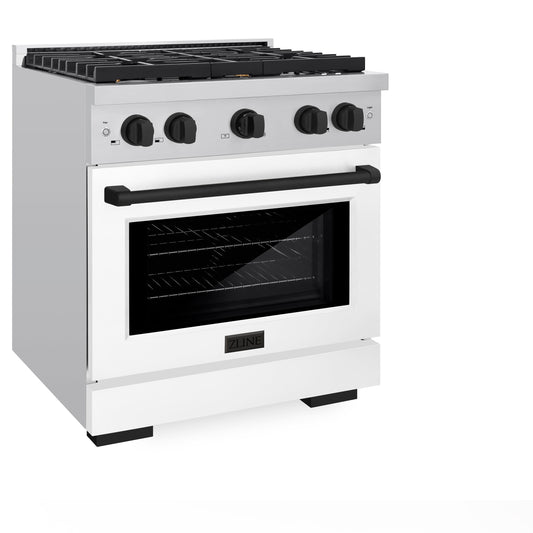 ZLINE Autograph 30 in. 4.2 cu. ft. Paramount Gas Range with Convection Oven, Stainless Steel with White Matte Door and Matte Black Accents (SGRZ-WM-30-MB)