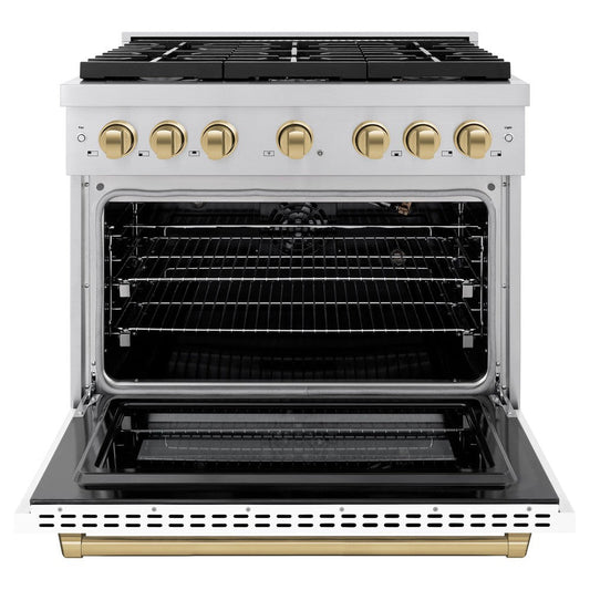 ZLINE Autograph Edition 36 in. 5.2 cu. ft. Paramount Dual Fuel Range with 6 Burner Gas Cooktop, Electric Convection Oven, White Matte Door and Champagne Bronze Accents (SDRZ-WM-36-CB)