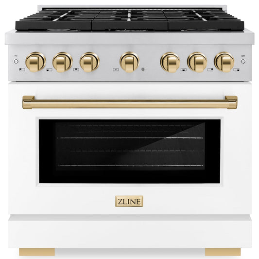 ZLINE Autograph Edition 36 in. 5.2 cu. ft. Paramount Gas Range with 6 Burners and Convection Gas Oven in Stainless Steel with White Matte Door and Gold Accents (SGRZ-WM-36-G)