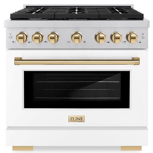 ZLINE Autograph 36 in. 5.2 cu. ft. Paramount Gas Range with 6 Burners and Convection Gas Oven in Stainless Steel with White Matte Door and Champagne Bronze Accents (SGRZ-WM-36-CB)