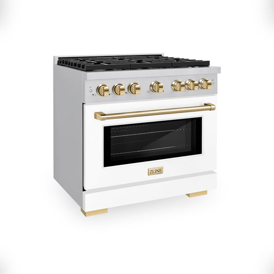 ZLINE Autograph Edition 36 in. 5.2 cu. ft. Paramount Gas Range with 6 Burners and Convection Gas Oven in Stainless Steel with White Matte Door and Gold Accents (SGRZ-WM-36-G)