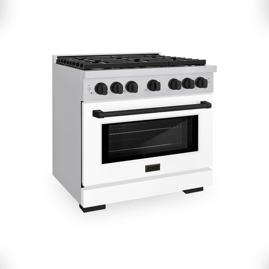 ZLINE Autograph Paramount 36 in. 5.2 cu. ft. Gas Range with Convection Gas Oven, 6 Burners, Stainless Steel with White Matte Door and Matte Black Accents (SGRZ-WM-36-MB)