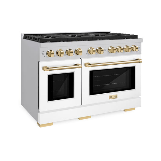 ZLINE Autograph Edition 48" Paramount Gas Range with Dual Ovens, 6.7 cu. ft., Stainless Steel with White Matte Doors & Gold Accents (SGRZ-WM-48-G)