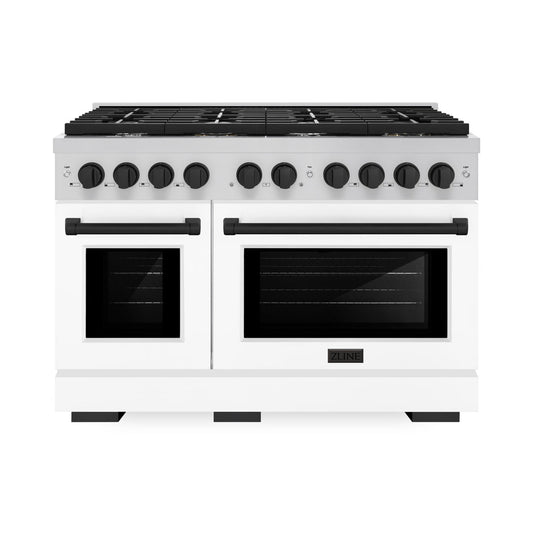 ZLINE Autograph 48" Double Oven Gas Range, 6.7 cu. ft., Stainless Steel with White Matte Doors and Matte Black Accents (SGRZ-WM-48-MB)