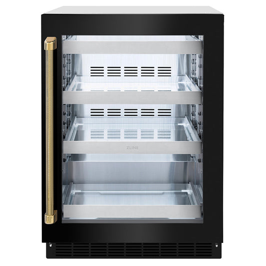 ZLINE Autograph 24" Touchstone 151 Can Beverage Fridge with Black Stainless Steel Glass Door and Polished Gold Helix Handle, RBSOZ-BS-24-KG
