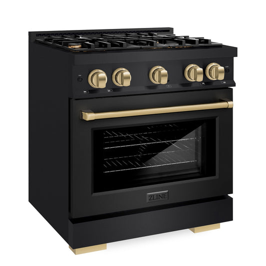ZLINE 30 in. Select Dual Fuel Range 4.2 cu. ft. 4 Burner Cooktop Black Stainless Steel Champagne Bronze Accents (HDRBZ-30-CB)