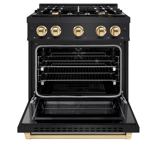 ZLINE 30 in. Gas Range 4.2 cu. ft. 4 Burners Black Stainless Steel with Polished Gold Accents (HGRBZ-30-G)