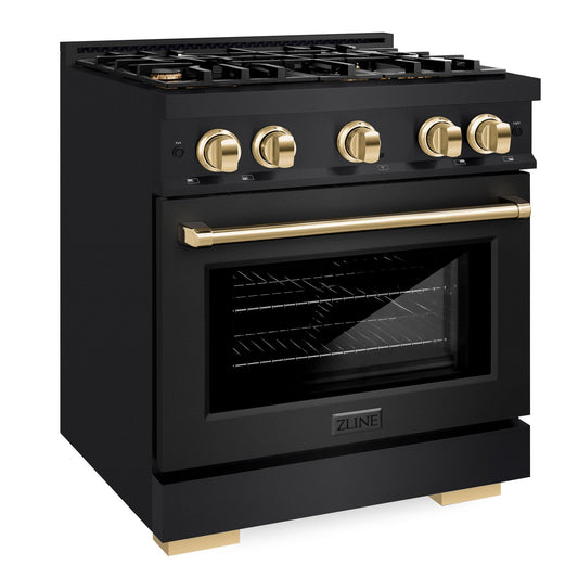 ZLINE 30 in. Dual Fuel Range 4.2 cu. ft. 4 Burner Gas Cooktop Electric Convection Oven Black Stainless Steel Polished Gold Accents (HDRBZ-30-G)