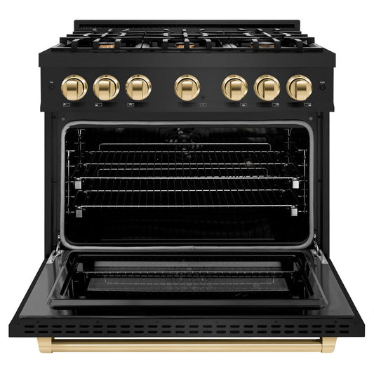 ZLINE 36 in. Dual Fuel Range 5.2 cu. ft. 6 Burners Black Stainless Steel Polished Gold Accents, MODEL HDRBZ-36-G