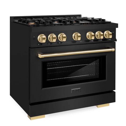 ZLINE 36 in. Dual Fuel Range 5.2 cu. ft. 6 Burners Black Stainless Steel Polished Gold Accents, MODEL HDRBZ-36-G
