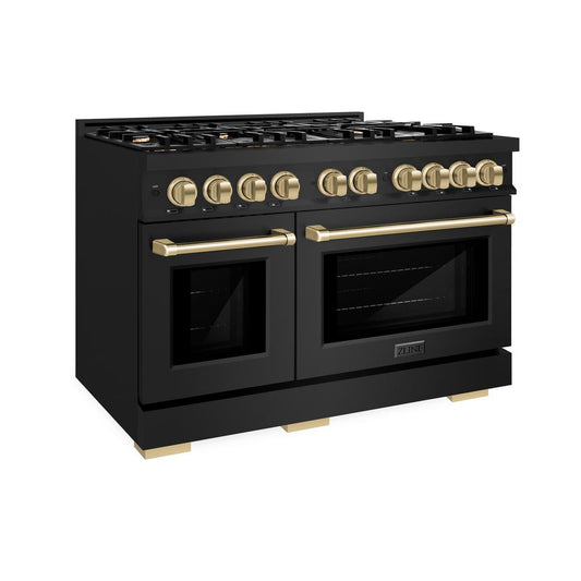 ZLINE 48 in. Dual Fuel Range 6.7 cu. ft. Double Oven with 8 Gas Burners, Black Stainless Steel, Champagne Bronze Accents (HDRBZ-48-CB)