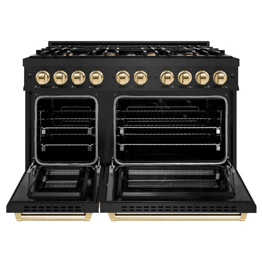 ZLINE 48 in. Dual Fuel Range 6.7 cu. ft. Double Oven with 8 Gas Burners, Black Stainless Steel with Polished Gold Accents (HDRBZ-48-G)