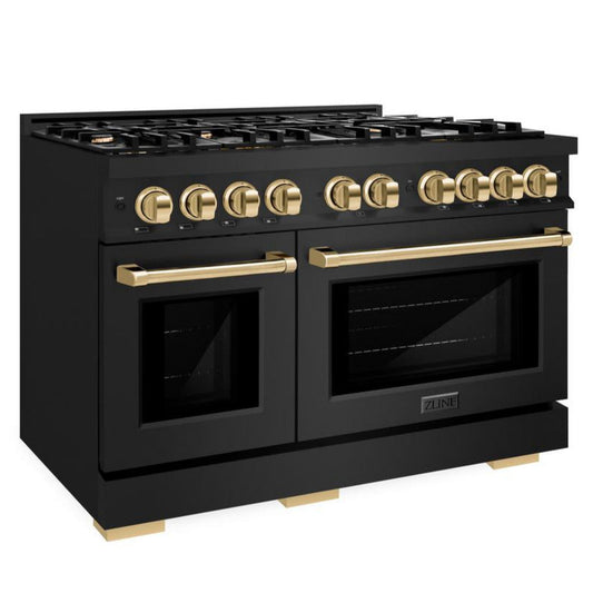 ZLINE 48 in. Gas Range Double Oven 6.7 cu. ft. 8 Burner Cooktop Black Stainless Steel Polished Gold Accents (HGRBZ-48-G)