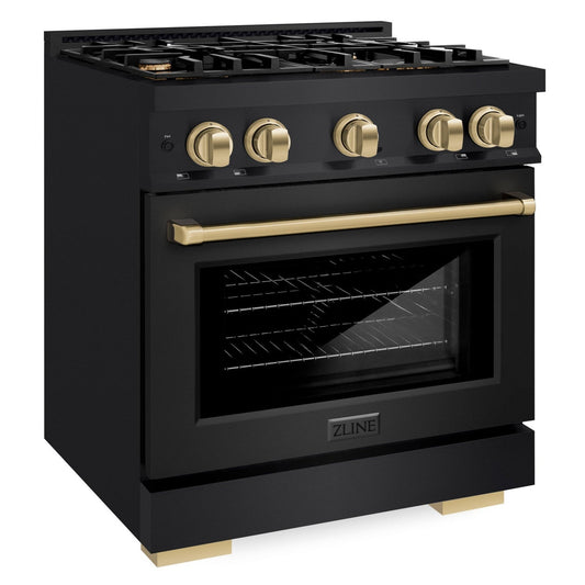ZLINE 30 in. Gas Range – 4 Burners, 4.2 cu. ft. Convection Oven, Black Stainless Steel with Champagne Bronze Accents (HGRBZ-30-CB)