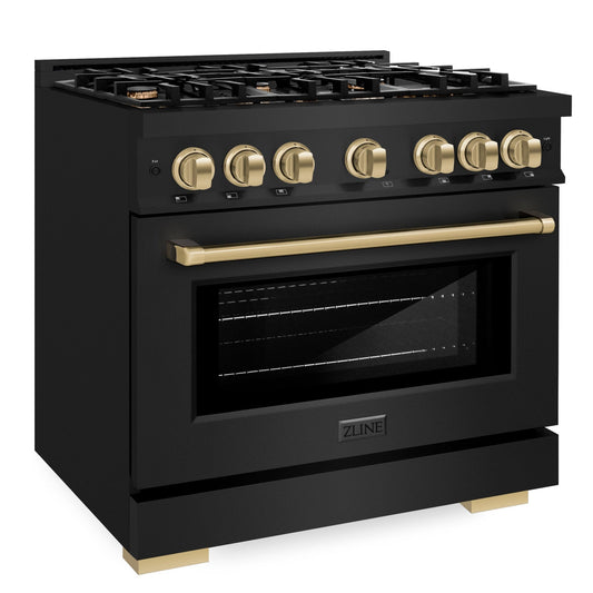 ZLINE 36 in. Gas Range 5.2 cu. ft. 6 Burner Cooktop Black Stainless Steel with Champagne Bronze Accents (HGRBZ-36-CB)