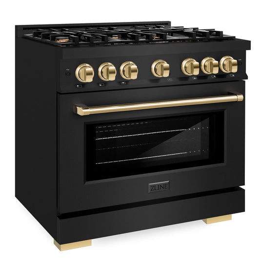 ZLINE 36 in. Gas Range 5.2 cu. ft. 6 Burners Black Stainless Steel with Polished Gold Accents (HGRBZ-36-G)