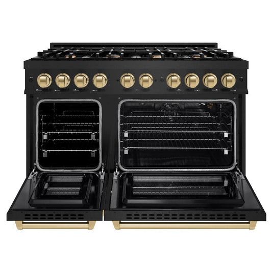 ZLINE 48 in. Gas Range Double Oven 6.7 cu. ft. 8 Burner Cooktop Black Stainless Steel with Champagne Bronze Accents (HGRBZ-48-CB)