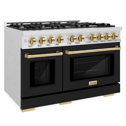 ZLINE 48 in. Gas Range Double Oven 6.7 cu. ft. 8 Burners Satin Stainless Steel with Black Matte Doors & Polished Gold Accents (HGRSZ-BLM-48-G)