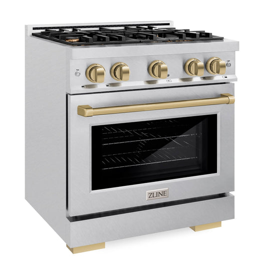 ZLINE 30 in. Dual Fuel Range 4.2 cu. ft. 4 Burner Gas Cooktop with Electric Convection Oven Satin Stainless Steel with Champagne Bronze Accents (HDRSZ-30-CB)