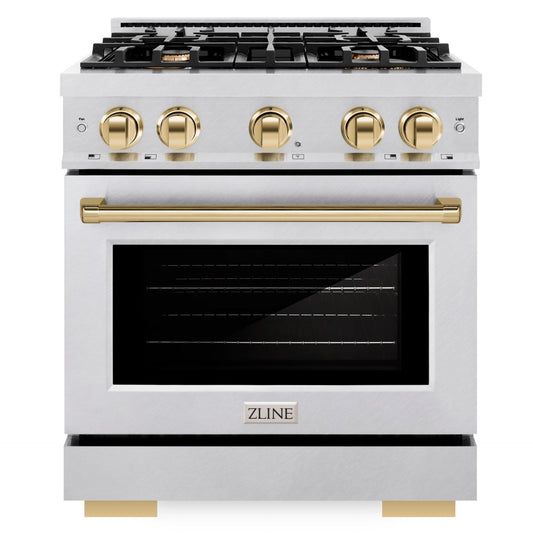 ZLINE Autograph Edition 30 in. Dual Fuel Range, 4 Burners Gas Cooktop, Electric Convection Oven, Satin Stainless Steel with Polished Gold Accents (HDRSZ-30-G)