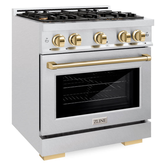 ZLINE Autograph Edition 30 in. Dual Fuel Range, 4 Burners Gas Cooktop, Electric Convection Oven, Satin Stainless Steel with Polished Gold Accents (HDRSZ-30-G)