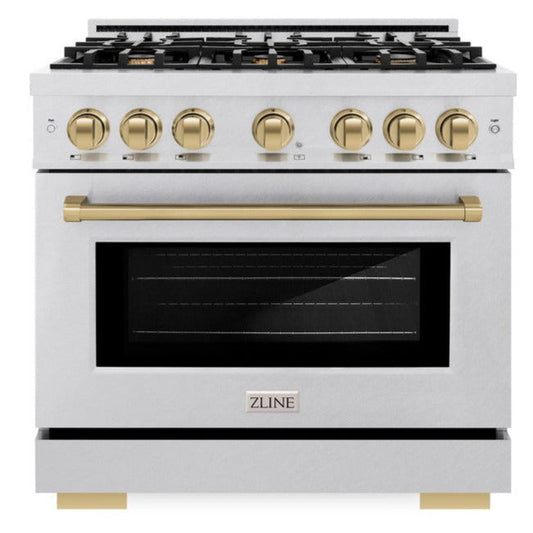 ZLINE 36 in. Dual Fuel Range 5.2 cu. ft. 6 Gas Burners Electric Convection Oven Satin Stainless Steel Champagne Bronze Accents (HDRSZ-36-CB)