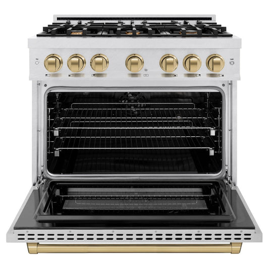 ZLINE 36 in. Dual Fuel Range 5.2 cu. ft. 6 Gas Burners Electric Convection Oven Satin Stainless Steel Champagne Bronze Accents (HDRSZ-36-CB)